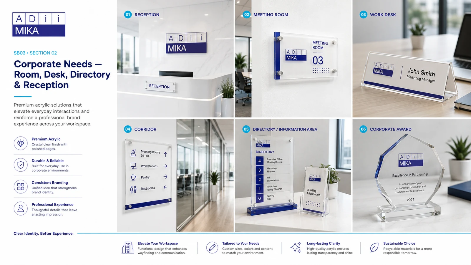 Corporate needs Adiimika berupa room sign desk name directory reception display dan office identification