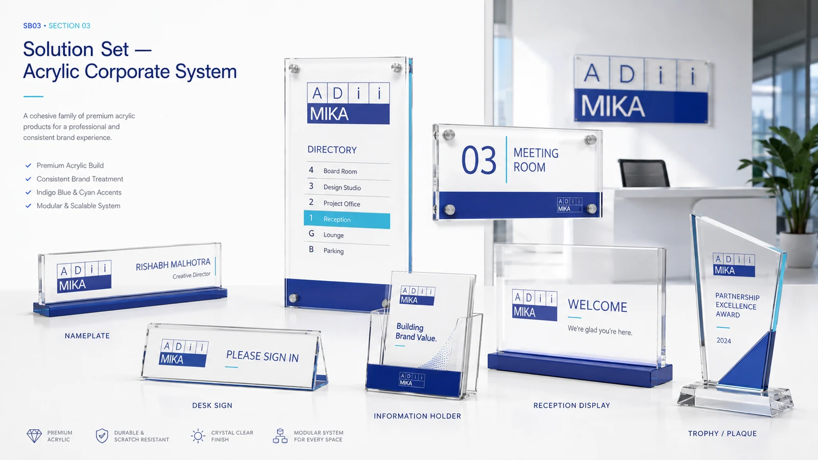 Acrylic corporate system Adiimika berupa signage nameplate desk sign display holder dan trophy