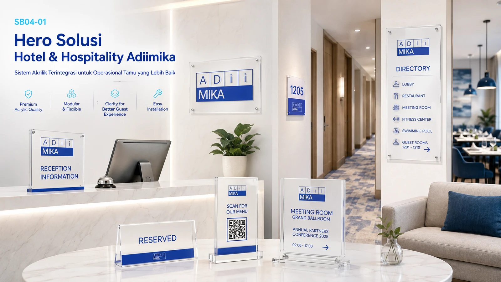 Solusi Hotel dan Hospitality Adiimika untuk room signage information display table signage dan guest-facing acrylic