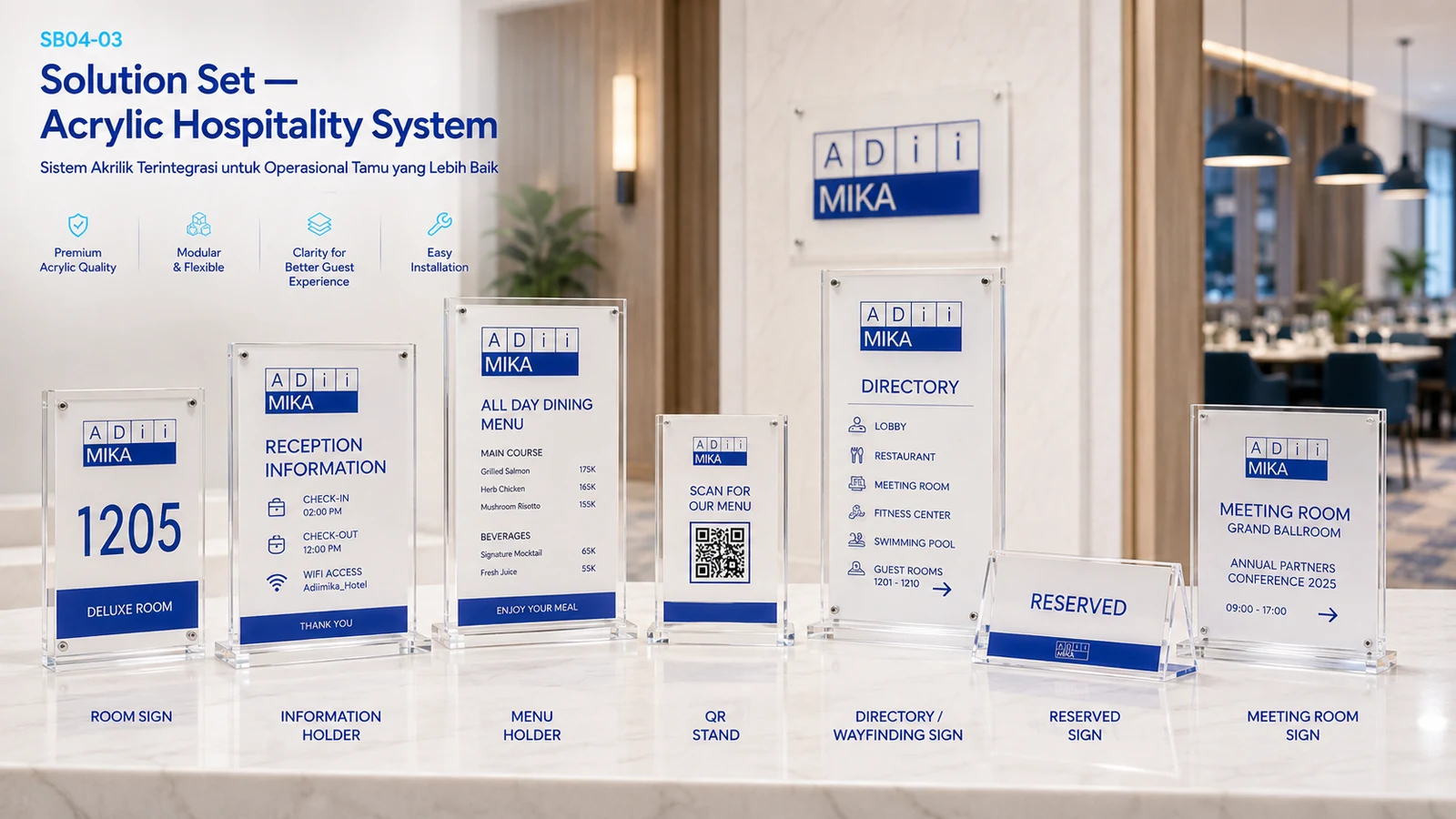 Acrylic hospitality system Adiimika berupa room sign information holder menu QR stand reserved sign dan directory