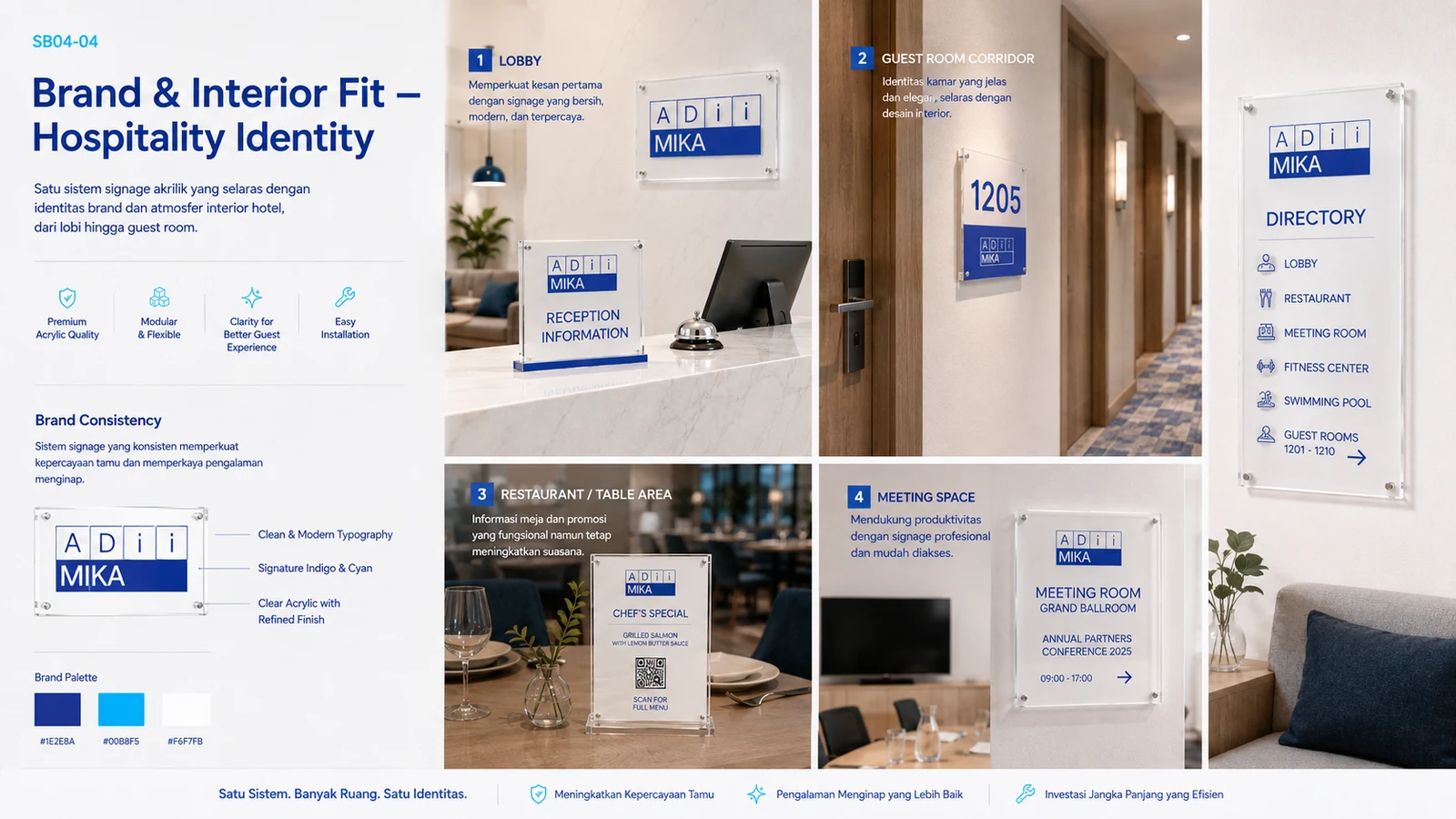 Brand dan interior fit untuk hospitality identity pada signage dan acrylic display Adiimika