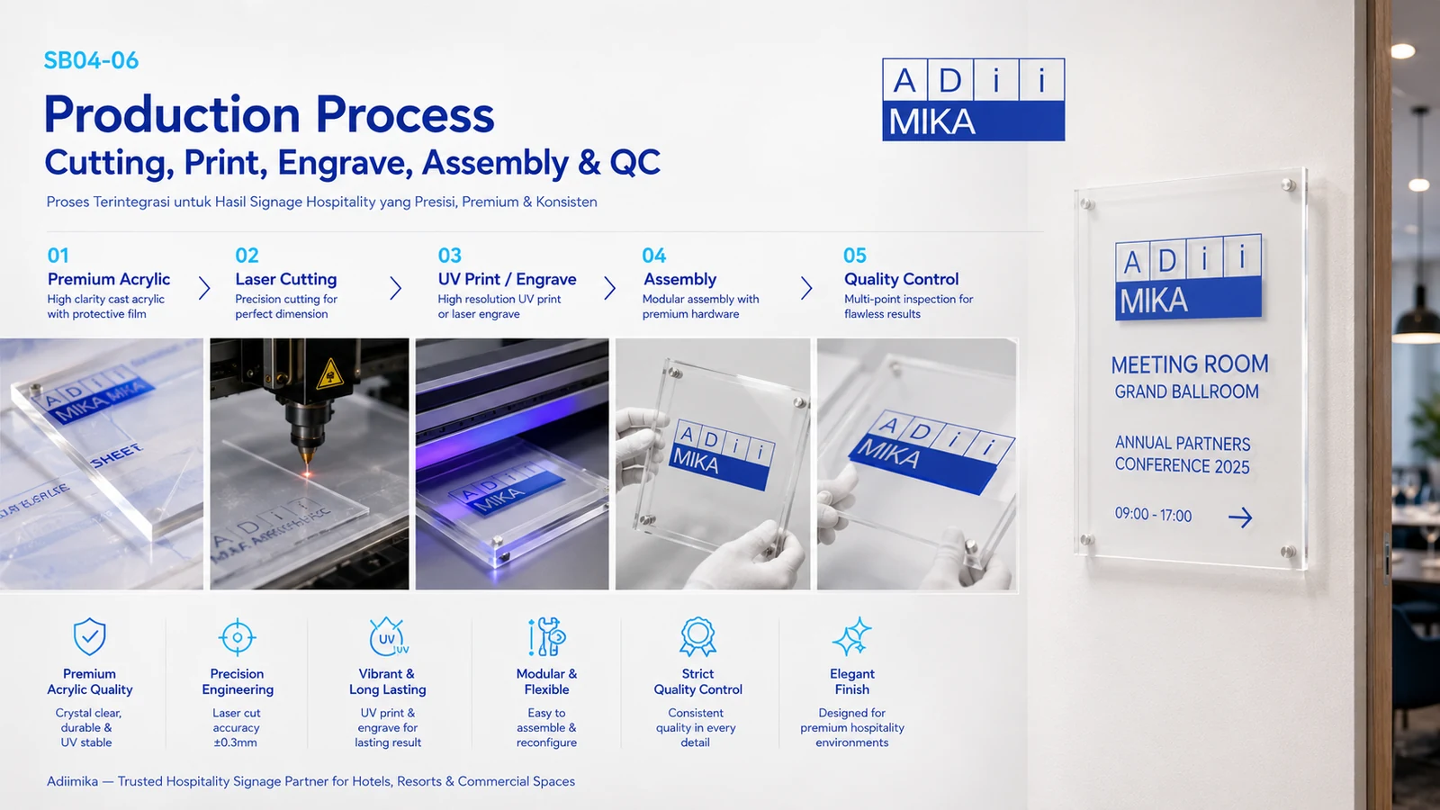 Production process hotel hospitality Adiimika berupa cutting printing engraving assembly dan quality control