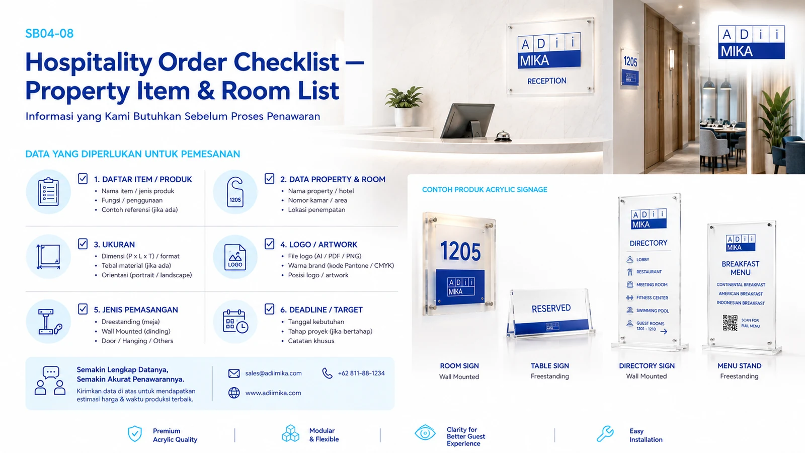 Hospitality order checklist Adiimika berupa property item list room table data size quantity mounting dan deadline