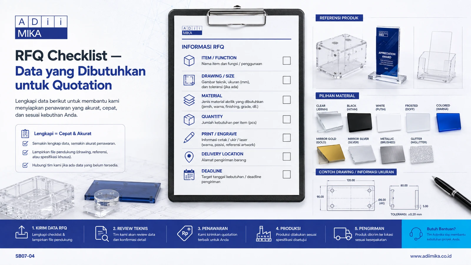 RFQ checklist Adiimika untuk data item drawing material quantity print delivery location dan deadline