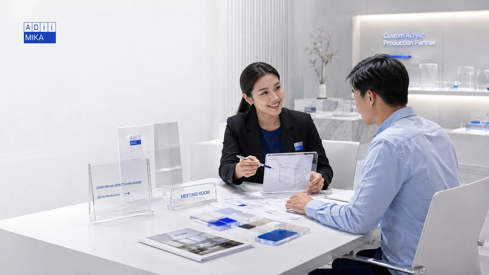 Diskusikan kebutuhan bisnis dan minta penawaran produksi akrilik custom Adiimika