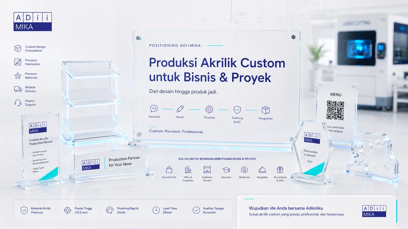 Positioning Adiimika produksi akrilik custom untuk bisnis dan proyek