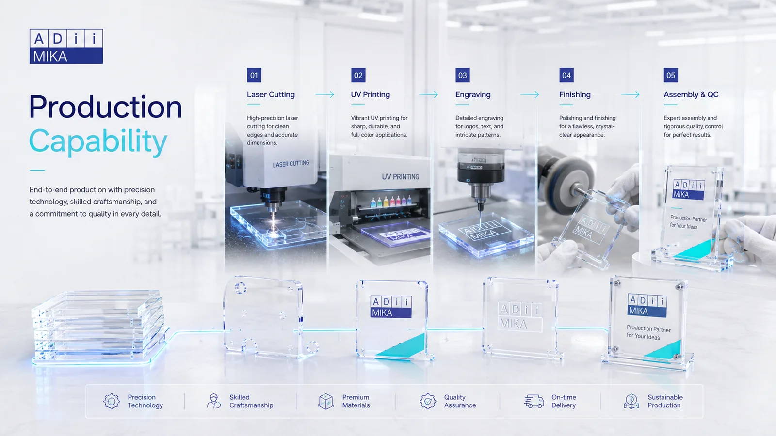 Production capability Adiimika laser cutting UV printing engraving finishing assembly dan quality control