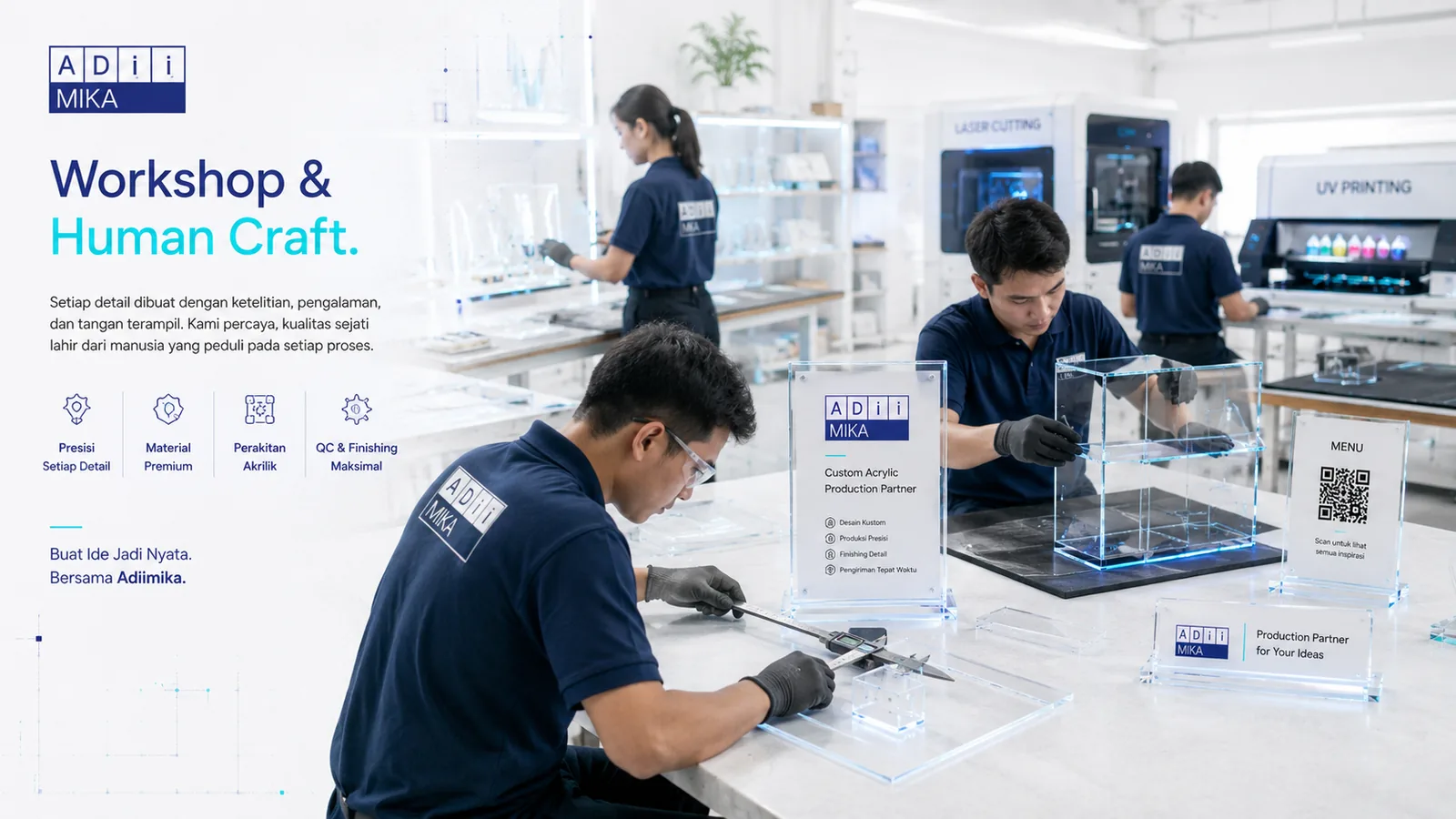 Workshop dan human craft Adiimika saat mengukur merakit dan memeriksa produk akrilik